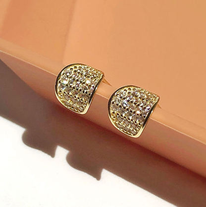 Pave CZ Gold Stud Earrings with Curvy Hoops on sterling silver