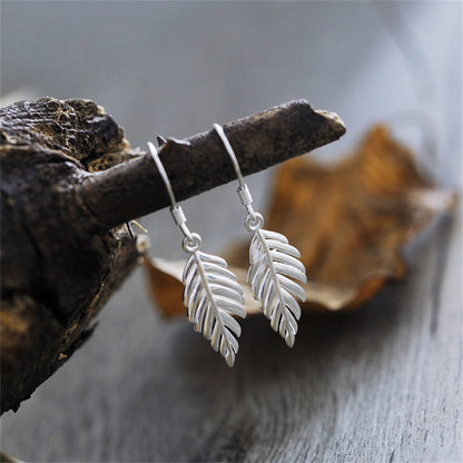 925 Sterling Silver Puffy Feather Leaf Dangle Hook Earrings