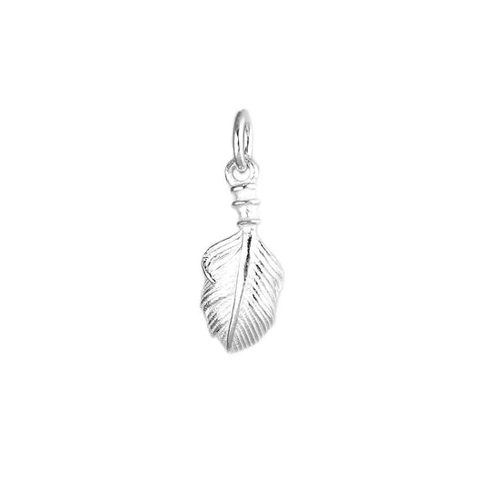 Petite Feather Wing Charm in silvery metal, hanging feather wing detail