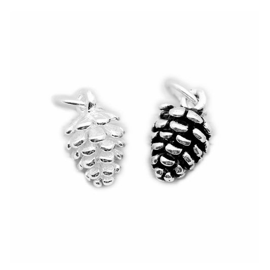 Pinecone charm pendant, silver and black finishes, with hanging loop