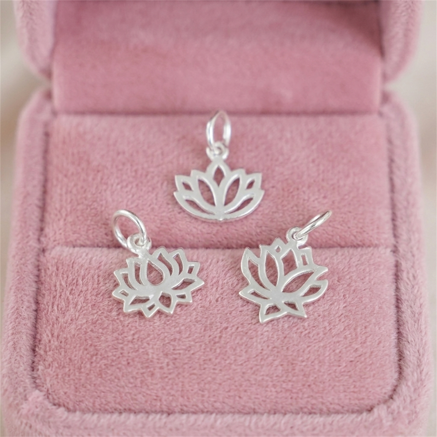 Silver filigree lotus charm trio, three dangling lotus flower designs