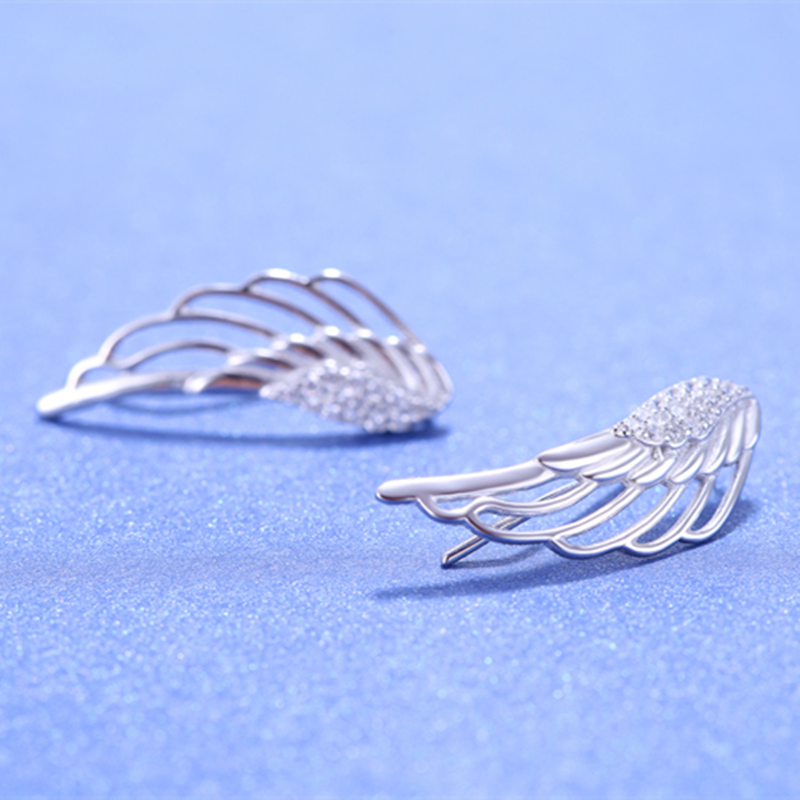 Rhodium on Sterling Silver Crystal Angel Wing Feather Cuff Crawler Climber Earrings