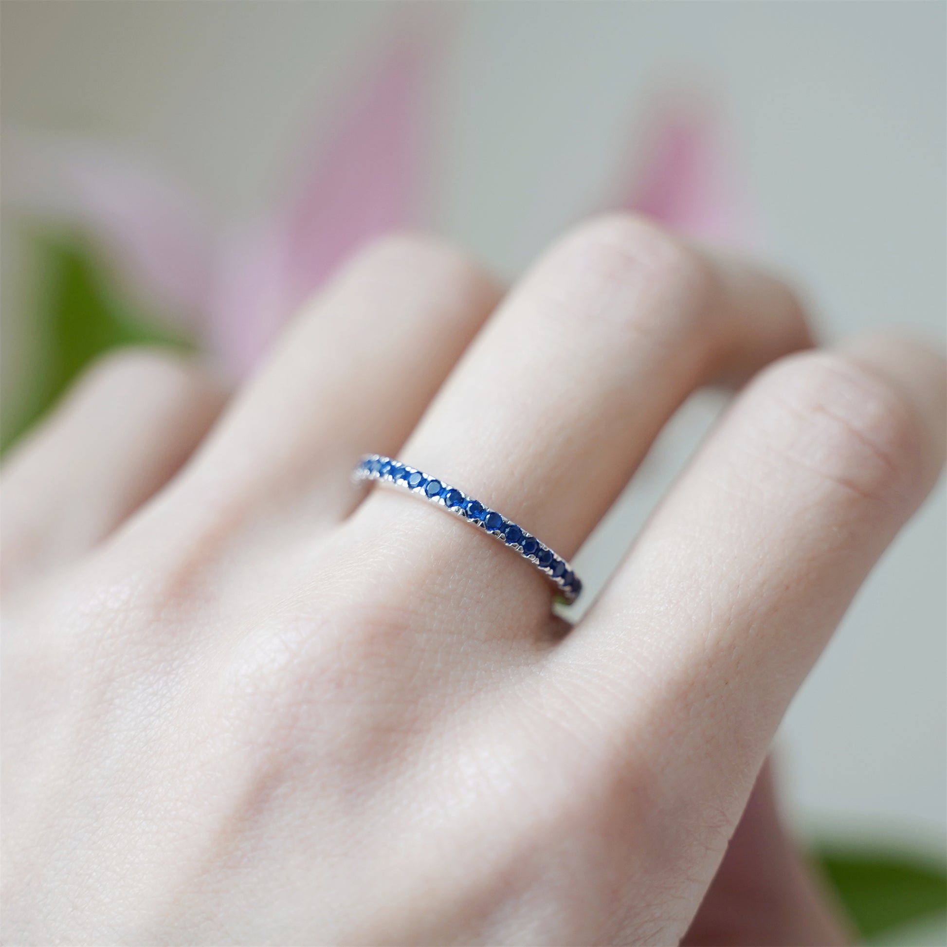 Sterling Silver Full Eternity 2mm Paved CZ Blue Sapphire Stacking Band Ring - sugarkittenlondon