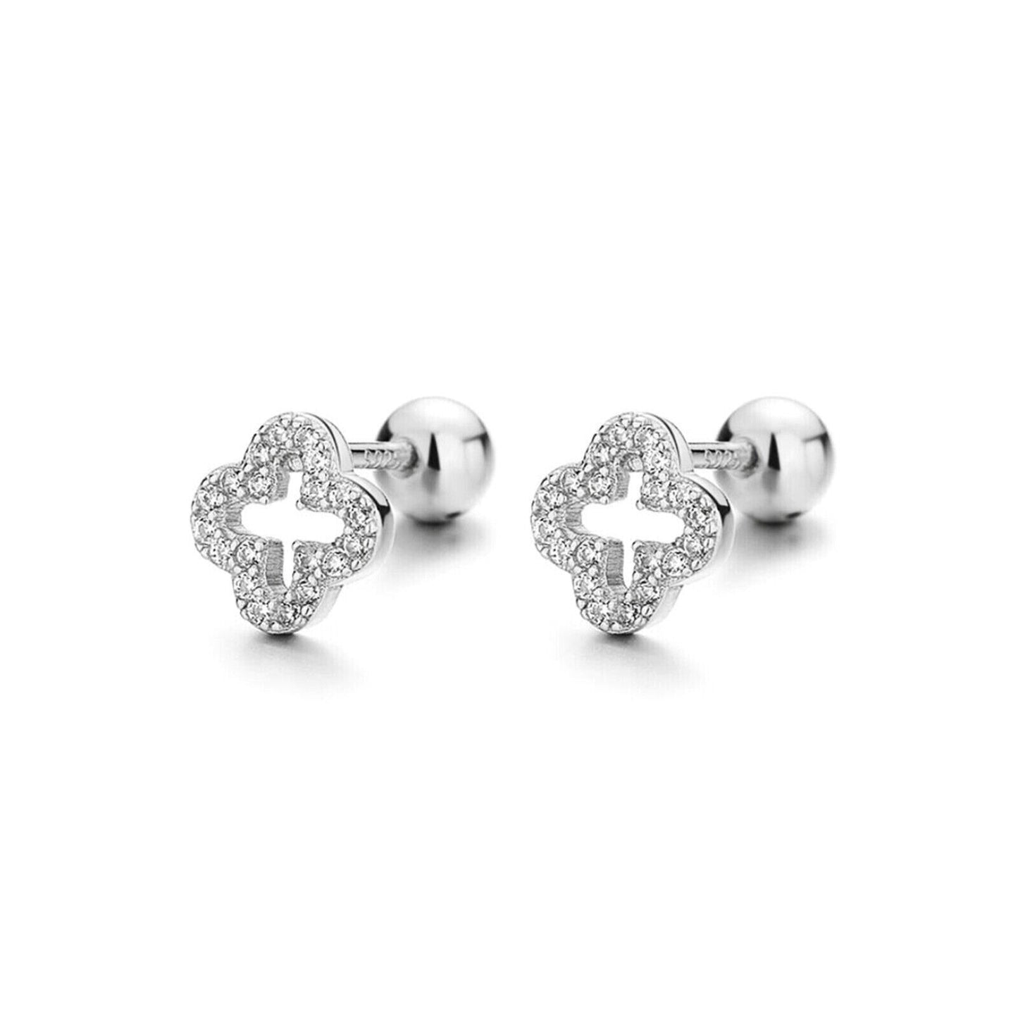 925 Sterling Silver 4 Leaf Clover Pave CZ Bead Ball Screw Back Stud Earrings