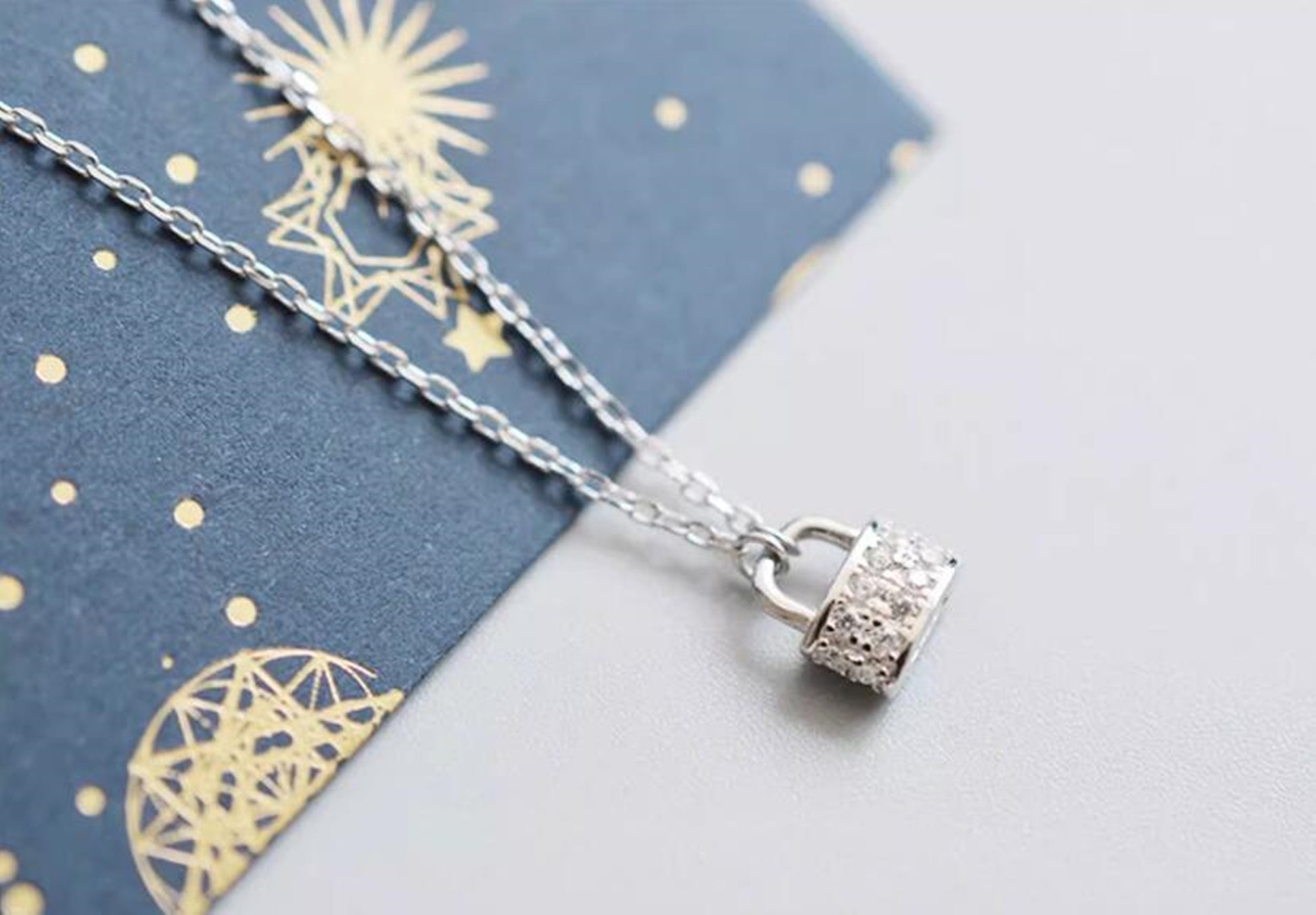 Sterling Silver Padlock Charm Pendant Necklace with Cubic Zirconia - sugarkittenlondon
