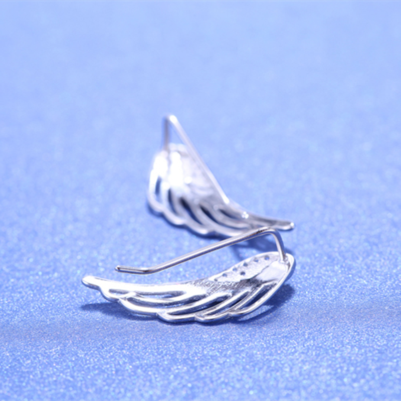 Rhodium on Sterling Silver Crystal Angel Wing Feather Cuff Crawler Climber Earrings