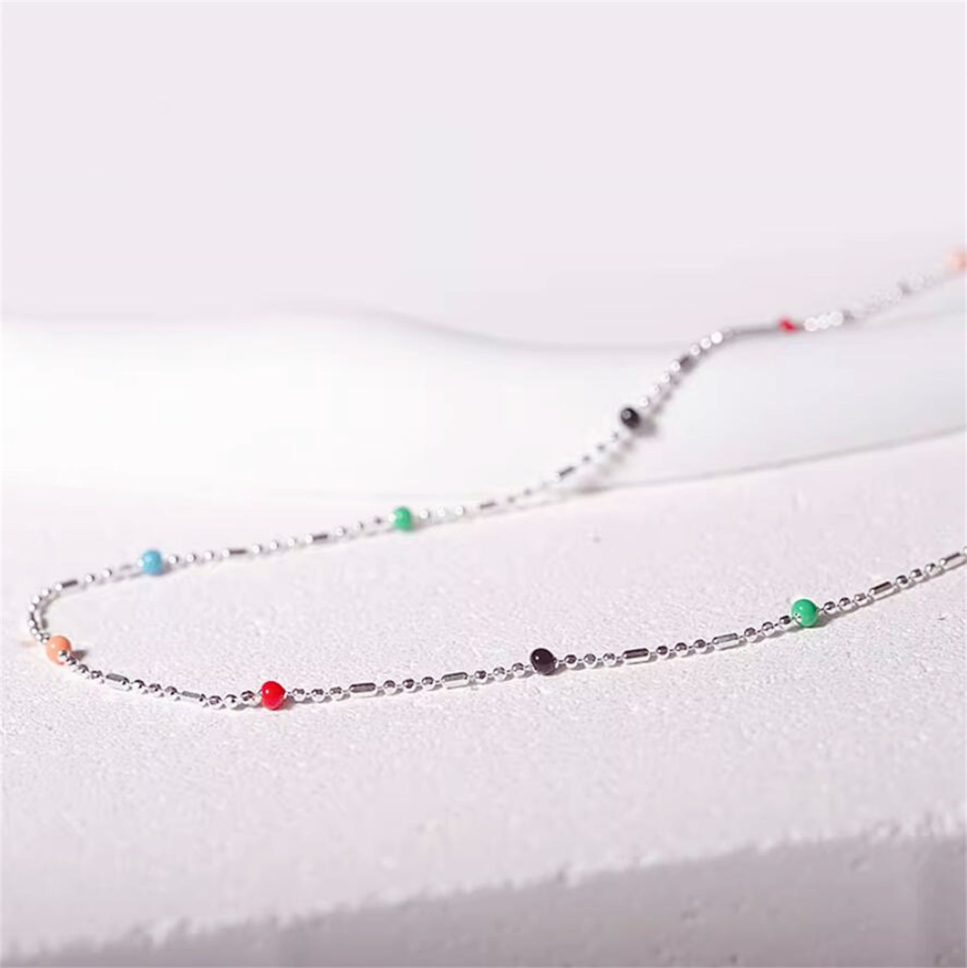 Sterling Silver Rainbow Beads Multi Colour Choker Ball Chain Thin Necklace - sugarkittenlondon