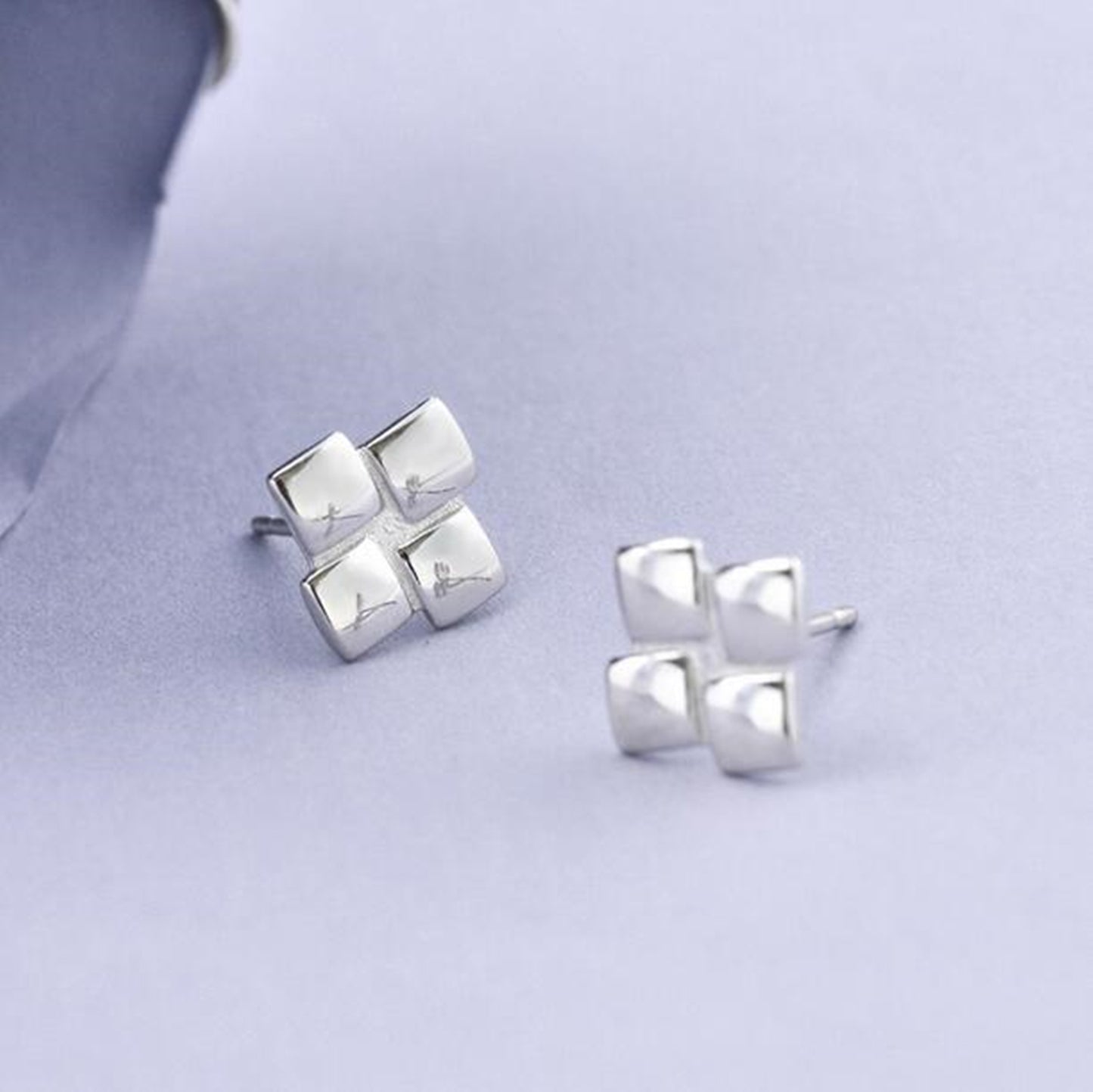 Sterling Silver Square Stud Earrings Shiny Polished Puffy Four Cubes Geometric