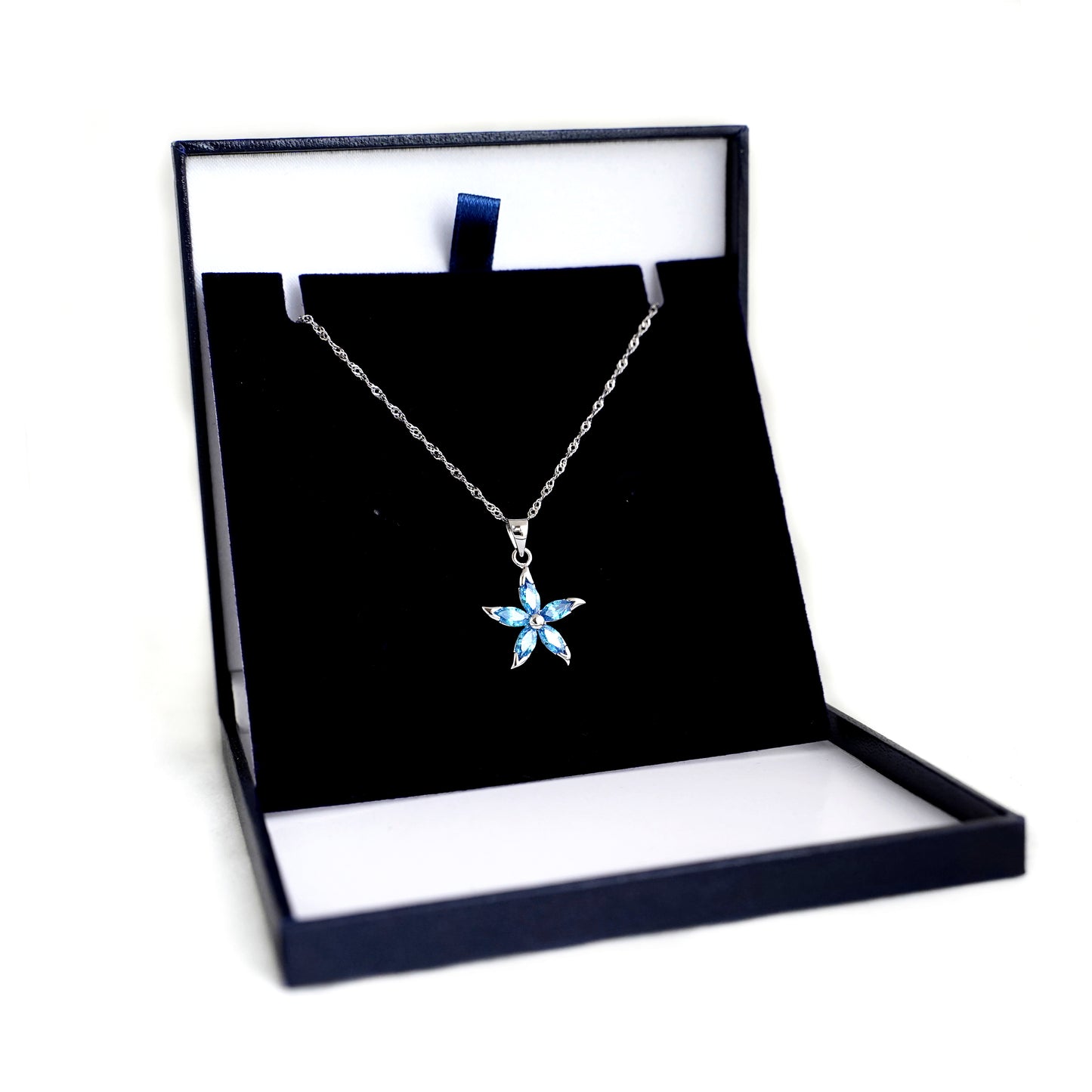 Sterling Silver Light Blue Sapphire CZ Flower Pendant Chain Necklace - sugarkittenlondon