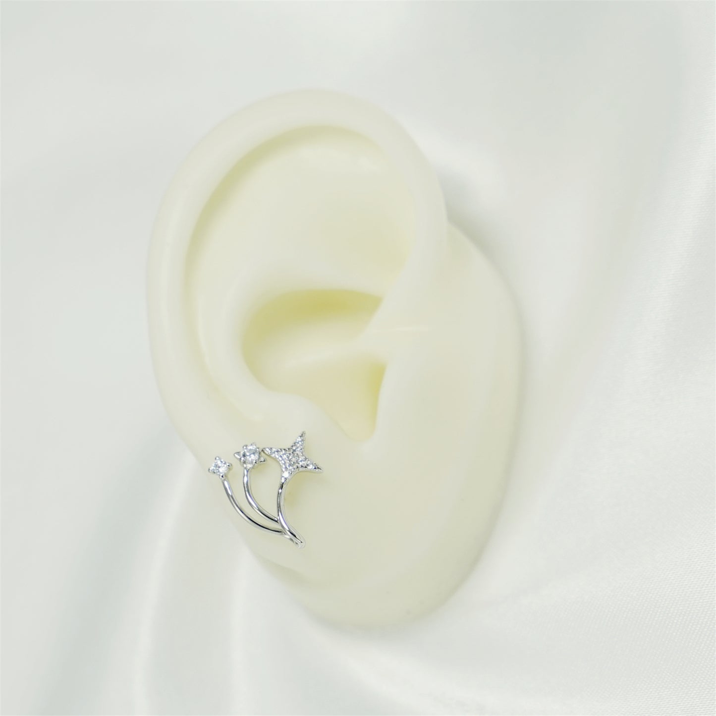 Sterling Silver Triple Shooting Star Polaris CZ Curvy Huggie Stud Earrings