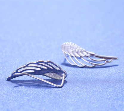 Rhodium on Sterling Silver Crystal Angel Wing Feather Cuff Crawler Climber Earrings