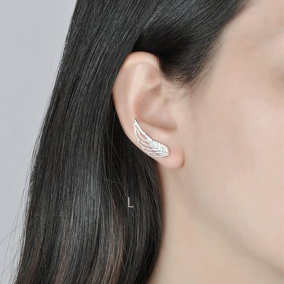Rhodium on Sterling Silver Crystal Angel Wing Feather Cuff Crawler Climber Earrings