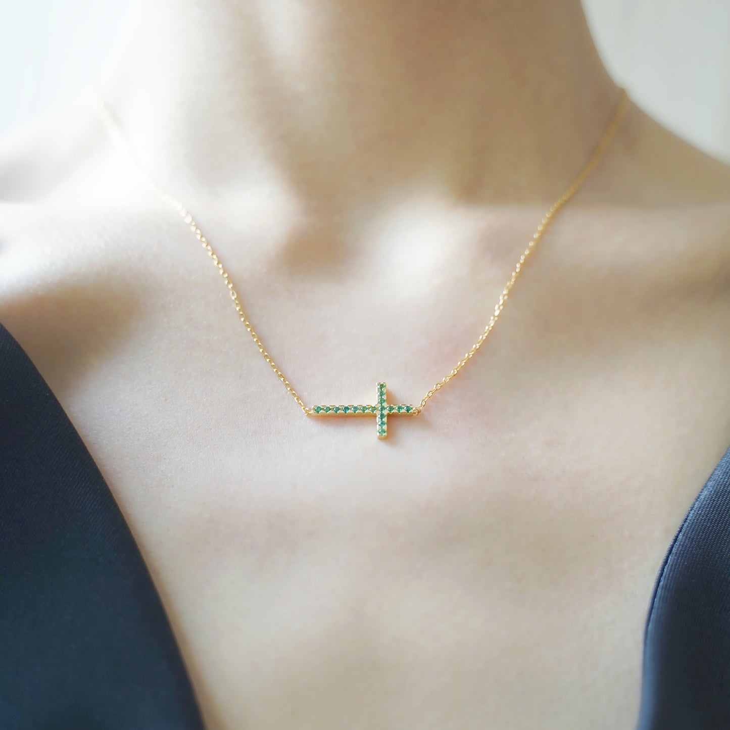 18K Gold on Sterling Silver Green CZ Cross Pendant Necklace - sugarkittenlondon