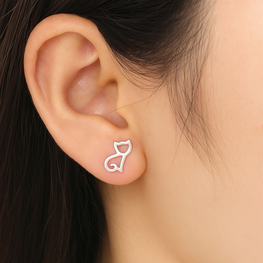 Sterling Silver Hollow Out Cat Kitten Stud Earrings