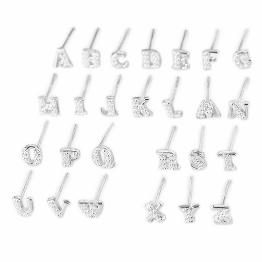 Sterling Silver Mini CZ Initial A-Z Alphabet Letter Stud Earrings 3 Tones - sugarkittenlondon
