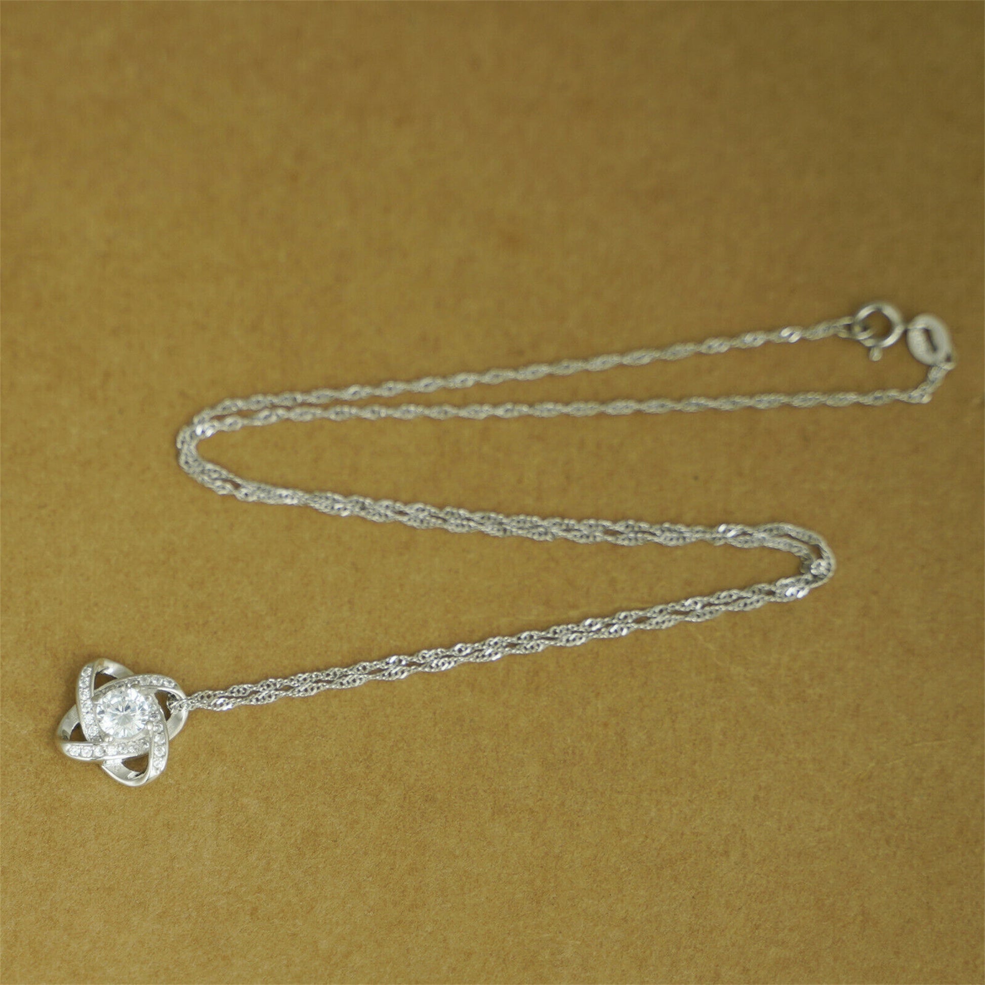 Sterling Silver 14mm Halo CZ Knot Flower Pendant Necklace Rhodium / Rose Gold - sugarkittenlondon