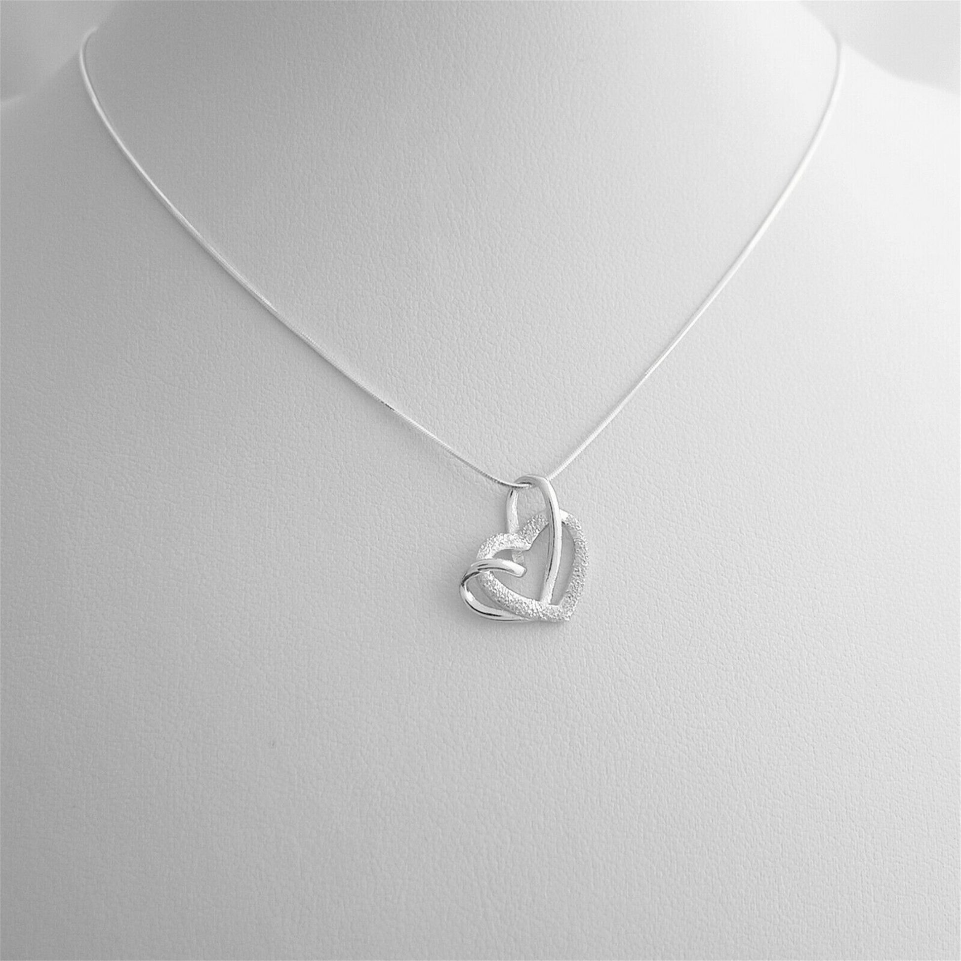 Sterling Silver Love Knot Necklace with Floating Sandblasted Heart Charm - sugarkittenlondon