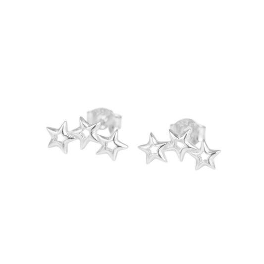 Sterling Silver Triple Hollow Lucky Stars Trinity Line Stud Earrings