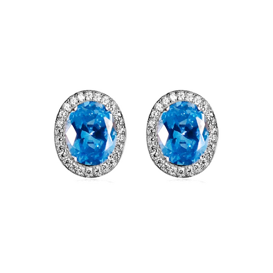 Sterling Silver Halo Earrings Light Blue Aquamarine CZ Center Stone Size 7*9mm