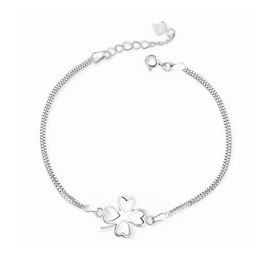Sterling Silver Lucky Clover Love Hearts Shamrock with Double Box Chain Bracelet
