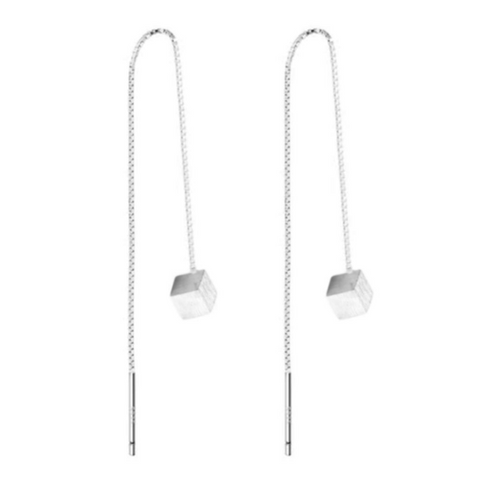 Sterling Silver 3mm Brushed Cube Pull-Through Threader Dangle Earrings, 9.5cm – For Single or Multiple Piercings