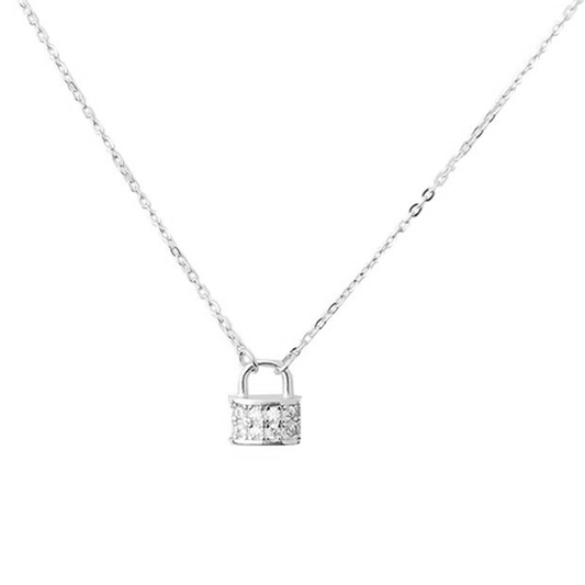 Sterling Silver Padlock Charm Pendant Necklace with Cubic Zirconia