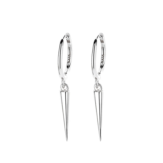 Sterling Silver Long Cone Spike Charm Drop Hinged Hoop Earrings