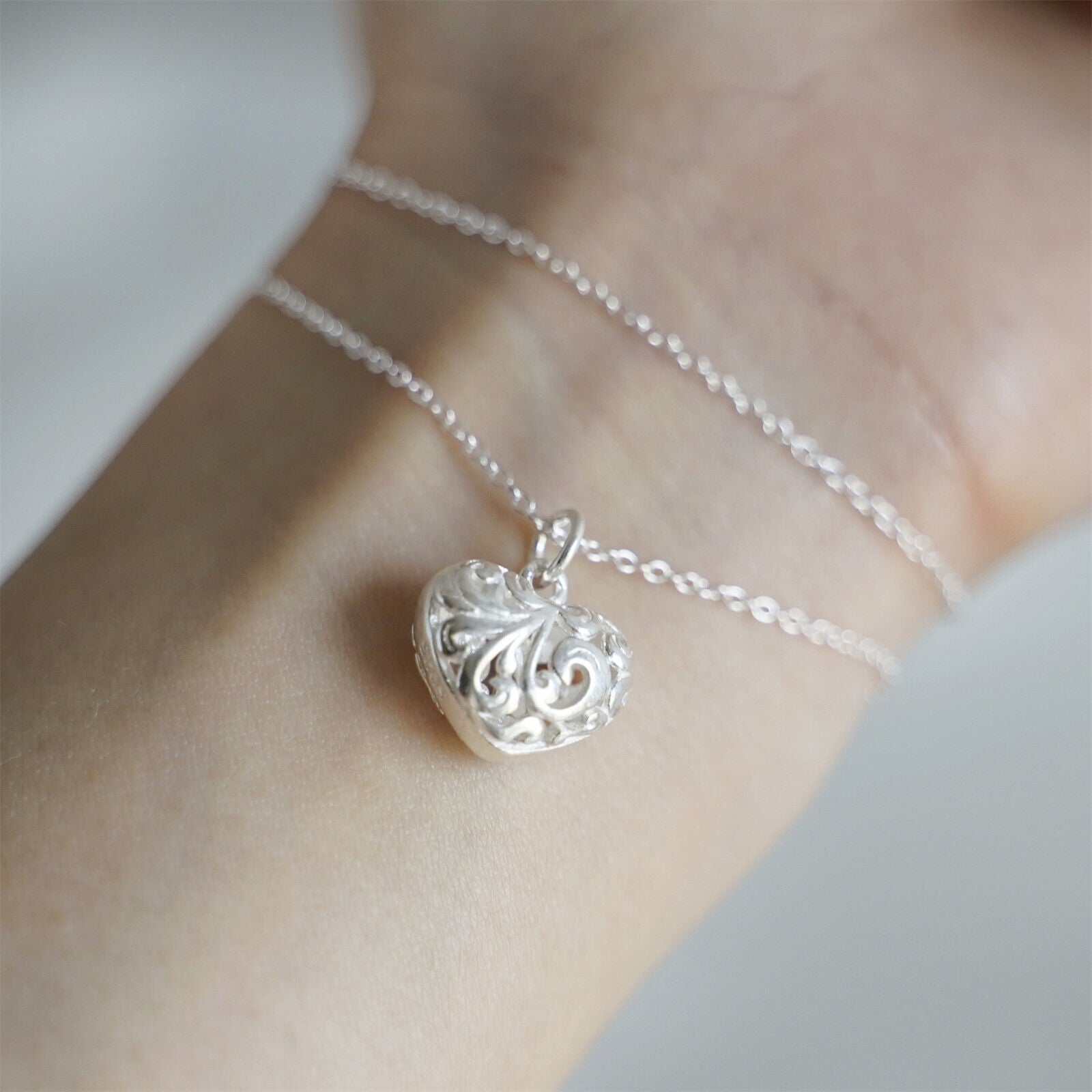 Sterling Silver Filigree Floral Puffy Double Sided Love Heart Pendant - sugarkittenlondon