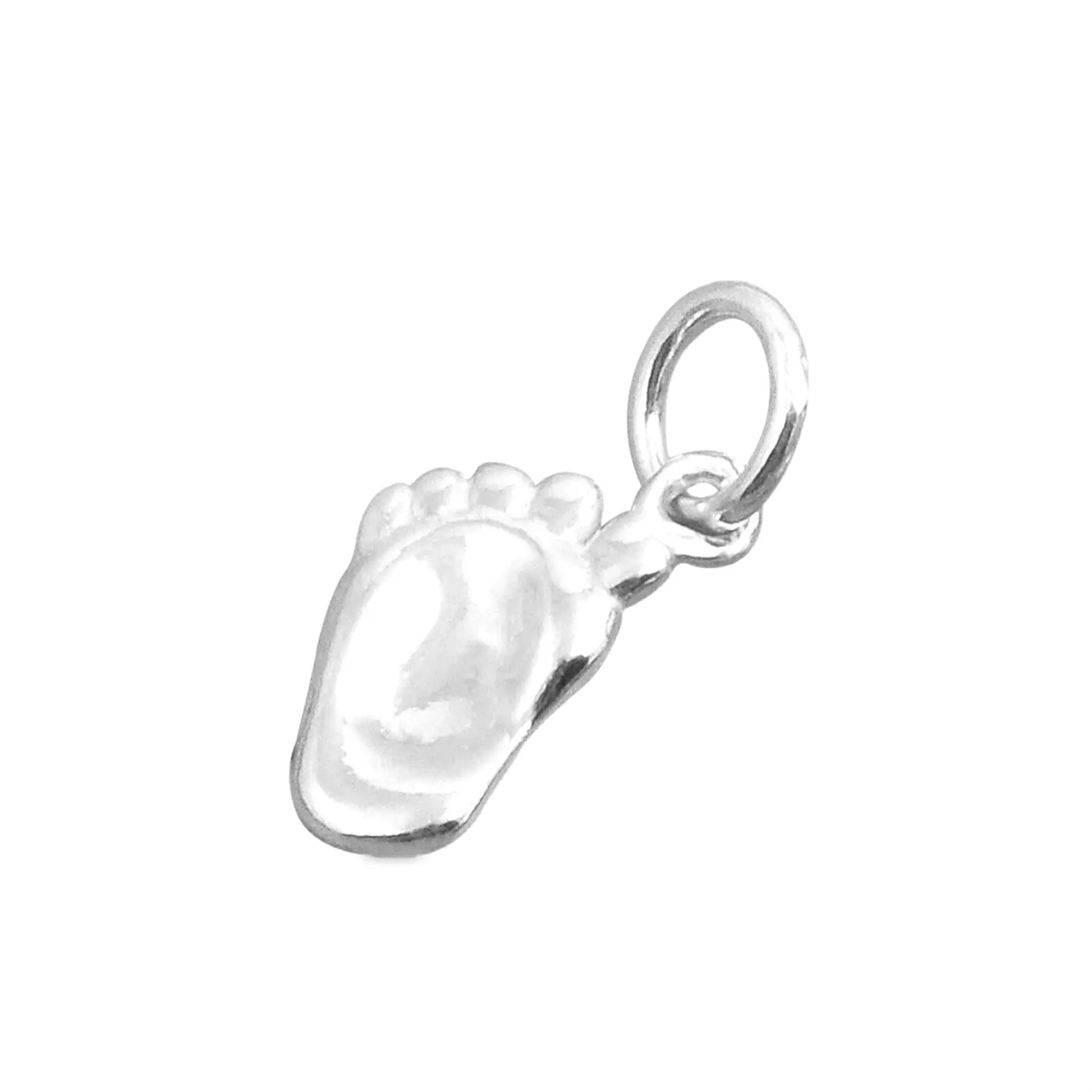 Silver baby foot charm with raised details and a round hanging loop