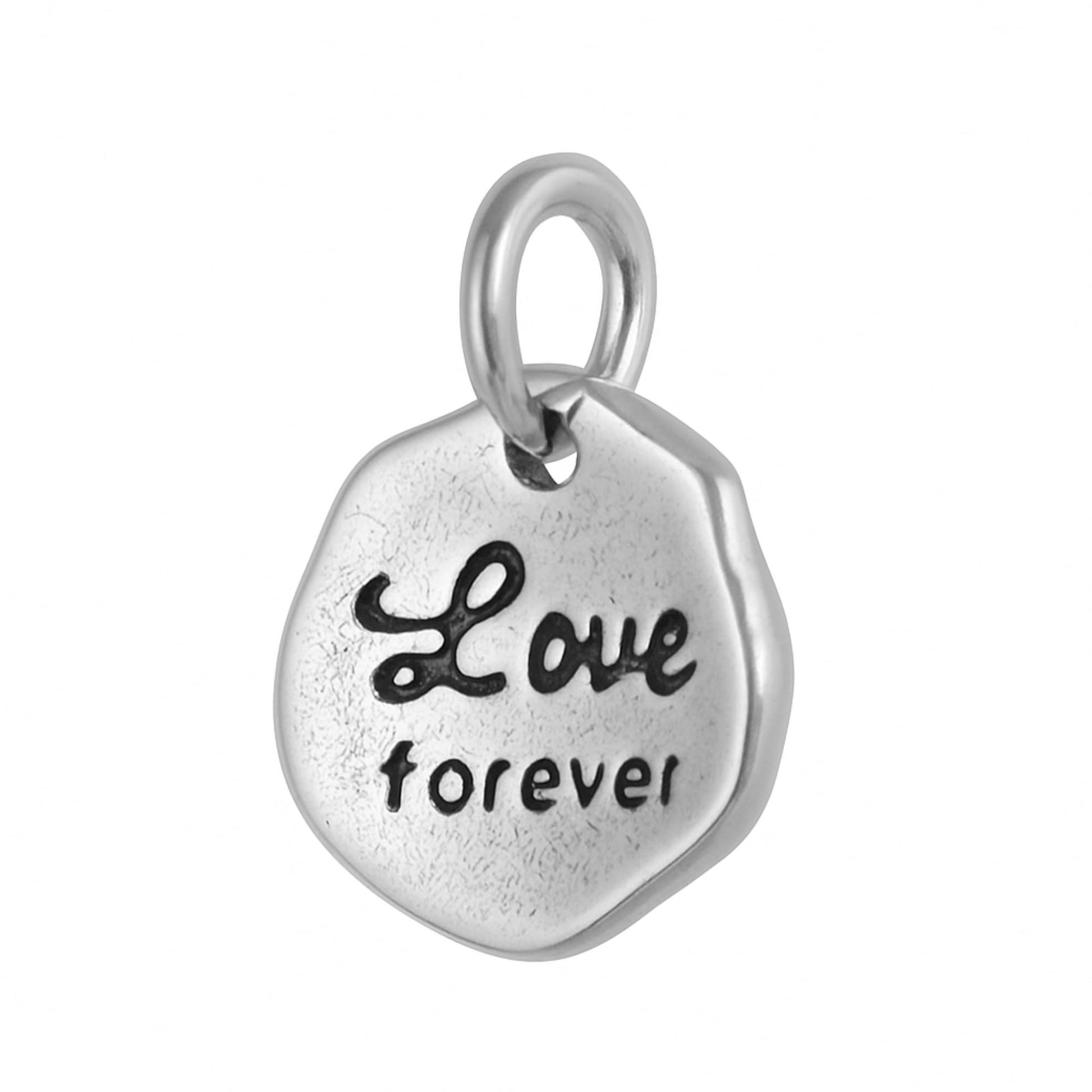 Hexagon “Love forever” pendant charm with hanging loop, silver-tone