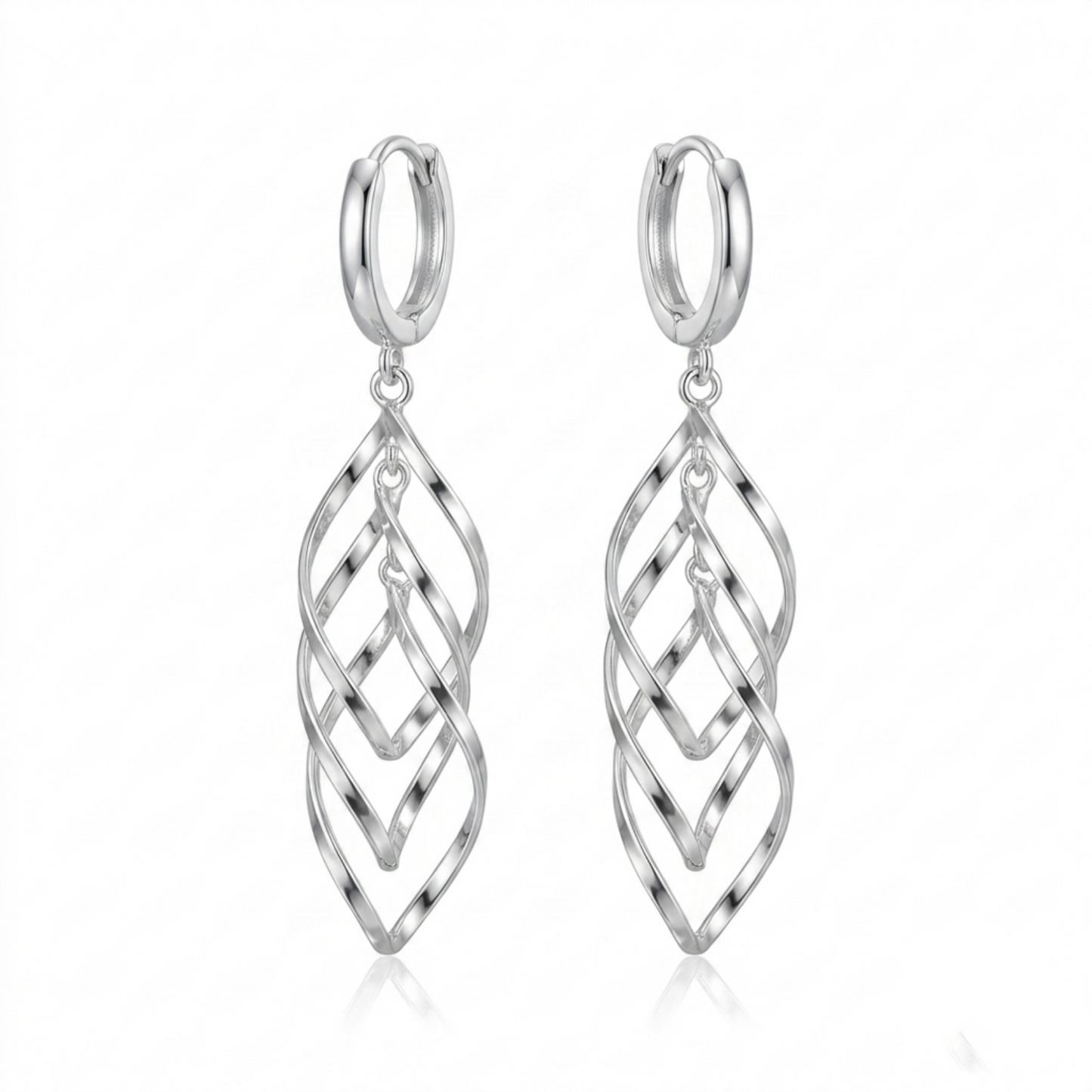 Silver-tone long hoop earrings with dangling overlapping lattice links