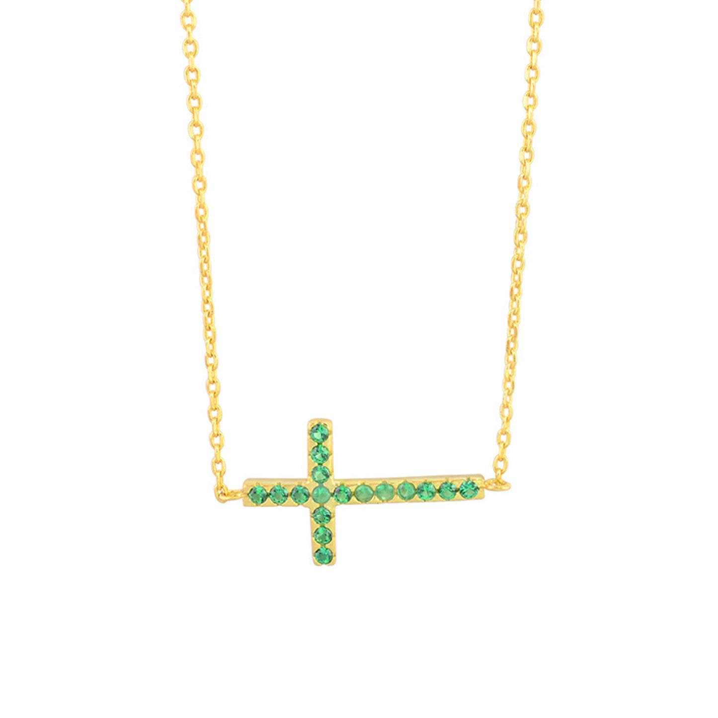 18K Gold on Sterling Silver Green CZ Cross Pendant Necklace - sugarkittenlondon