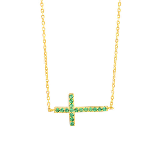 18K Gold on Sterling Silver Green CZ Cross Pendant Necklace