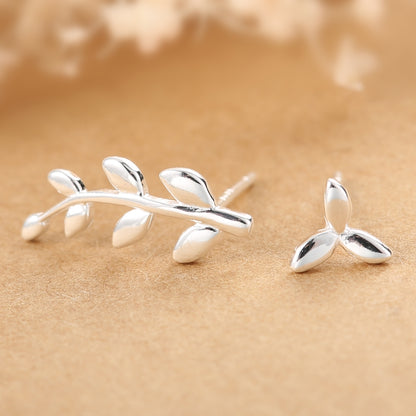 Sterling Silver Mismatch Leaf Stud Climber Stud Earrings
