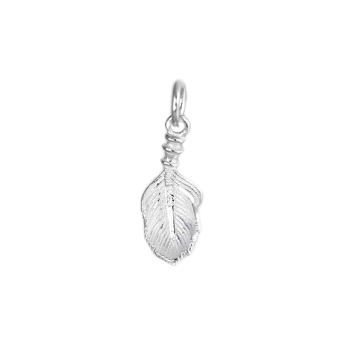 Silver feather wing charm pendant with hanging loop and engraved feather lines.