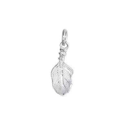Silver feather wing charm pendant with hanging loop and engraved feather lines.