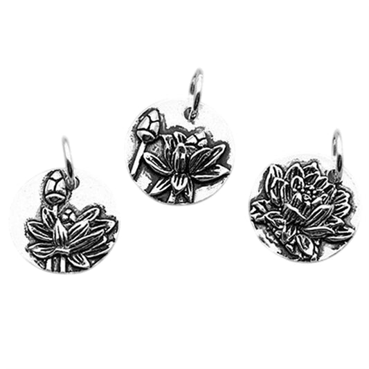 Sterling Silver Oxidized Embossed Lotus Circle Pendant Charm