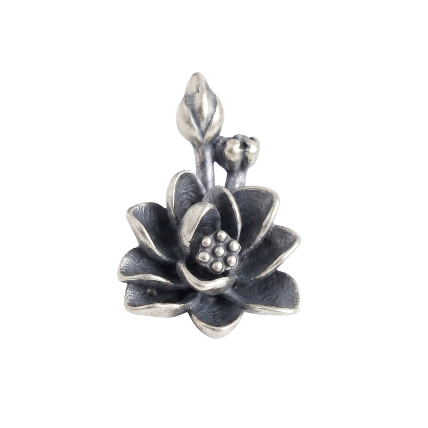 Oxidized lotus flower charm with textured petals and small bead details