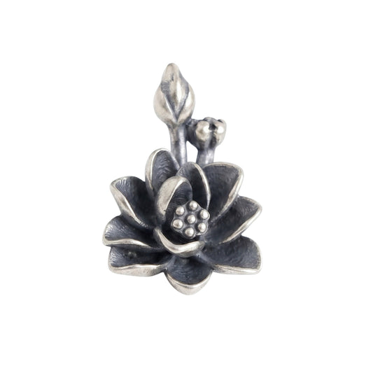 Oxidised 3D Lotus Flower charm pendant, dark petals with textured center bead cluster