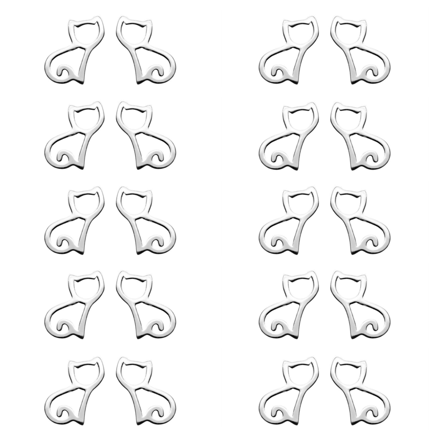 10 Pairs Sterling Silver Hollow Out Cat Kitten Stud Earrings