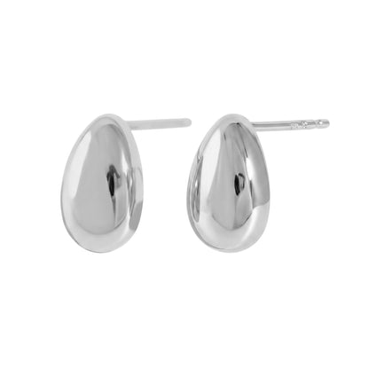 Rhodium teardrop stud earrings with polished oval drop face
