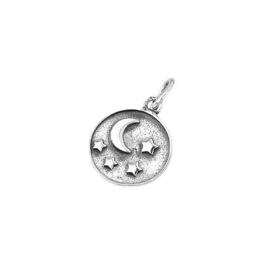 sugarkittenlondon Sterling Silver Oxidized 11mm Crescent Moon with Stars Disc Circle Charm Pendant