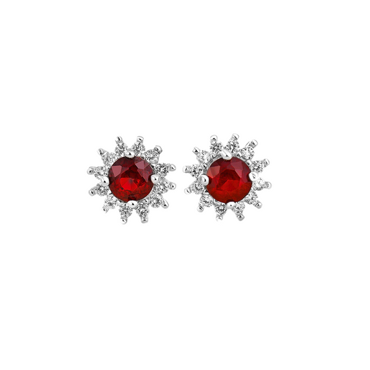 Sterling Silver 4mm Cut Red Pyrope Garnet Colour CZ Round Flower Cluster Stud Earrings