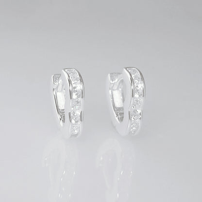 Sterling Silver 7mm Channel Set CZ Love Heart Eternity Huggie Hoop Earrings