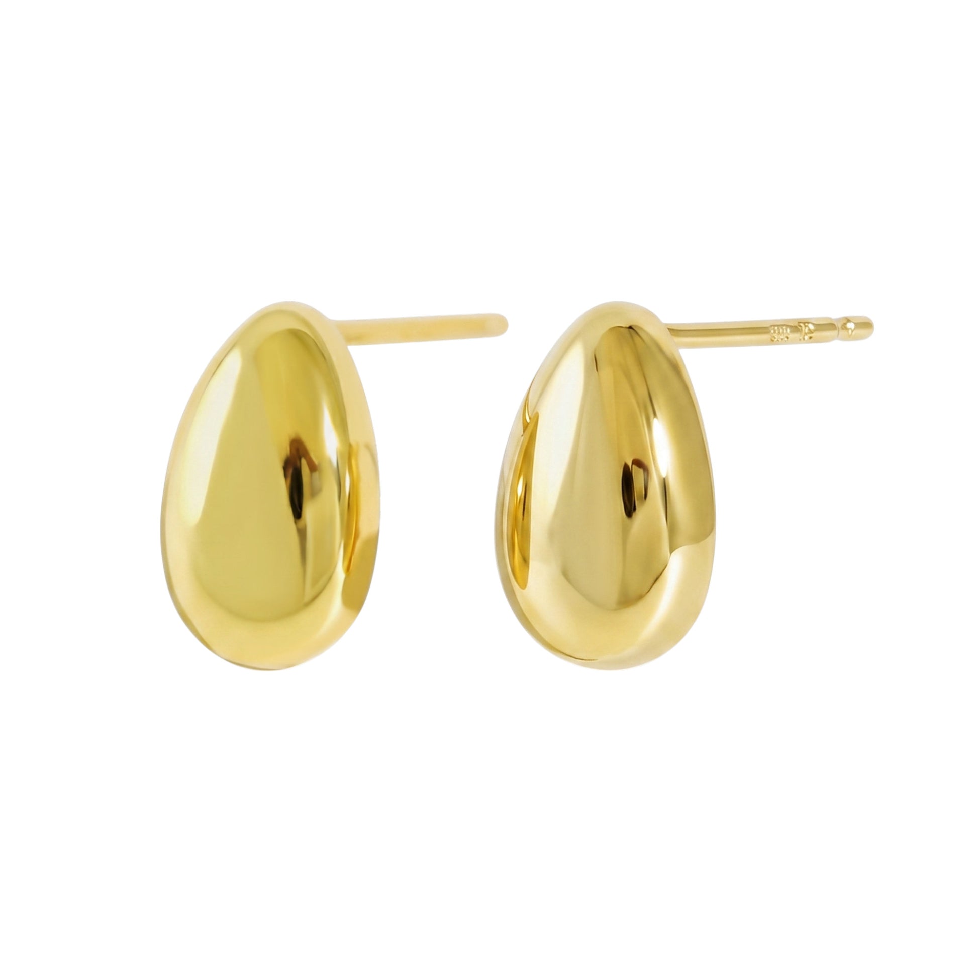 14K gold teardrop stud earrings with polished oval drop front