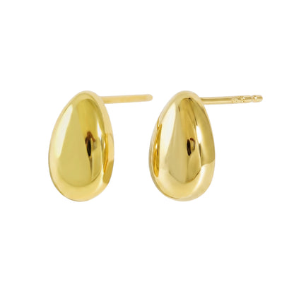 14K gold teardrop stud earrings with polished oval drop front
