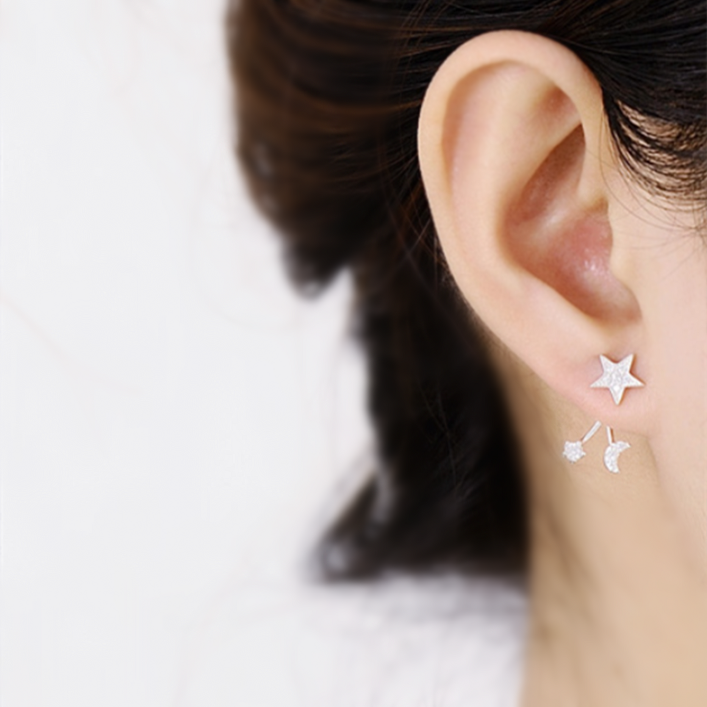 Sterling Silver Star Crescent Moon CZ Drop Double Side Jacket Stud Earrings