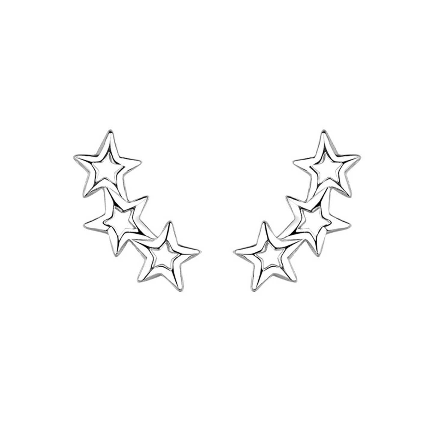 Sterling Silver Triple Hollow Lucky Stars Trinity Line Girls Stud Earrings Boxed