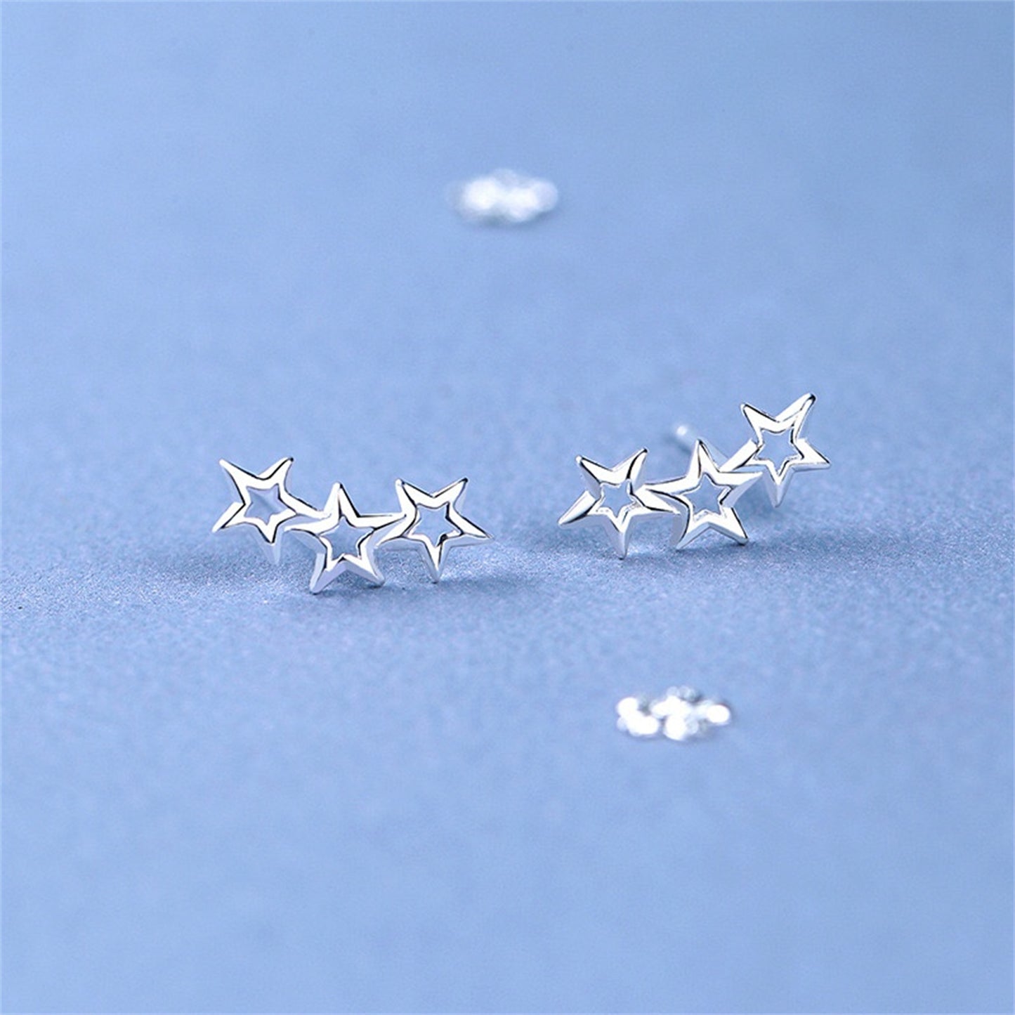 Sterling Silver Triple Hollow Lucky Stars Trinity Line Girls Stud Earrings Boxed