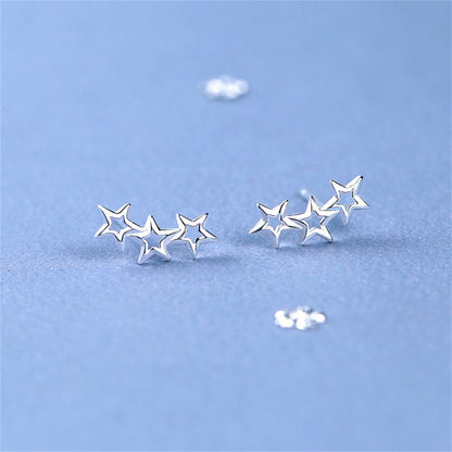 Sterling Silver Triple Hollow Lucky Stars Trinity Line Girls Stud Earrings Boxed